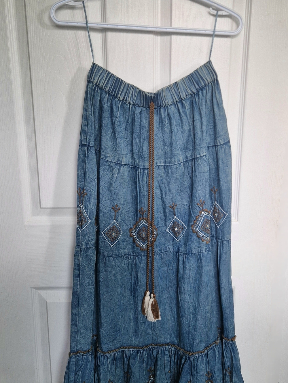 Papillon Blanc Denim-Blue Tiered Embroidered Maxi Skirt with Tassel